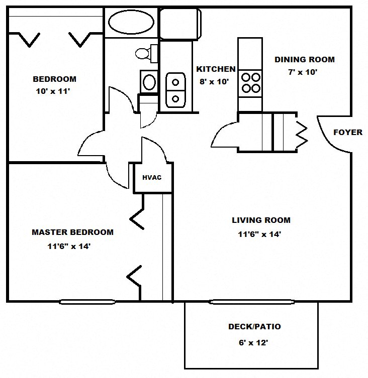 Floor plan for 2 beds, 1 bath, 805 sqft